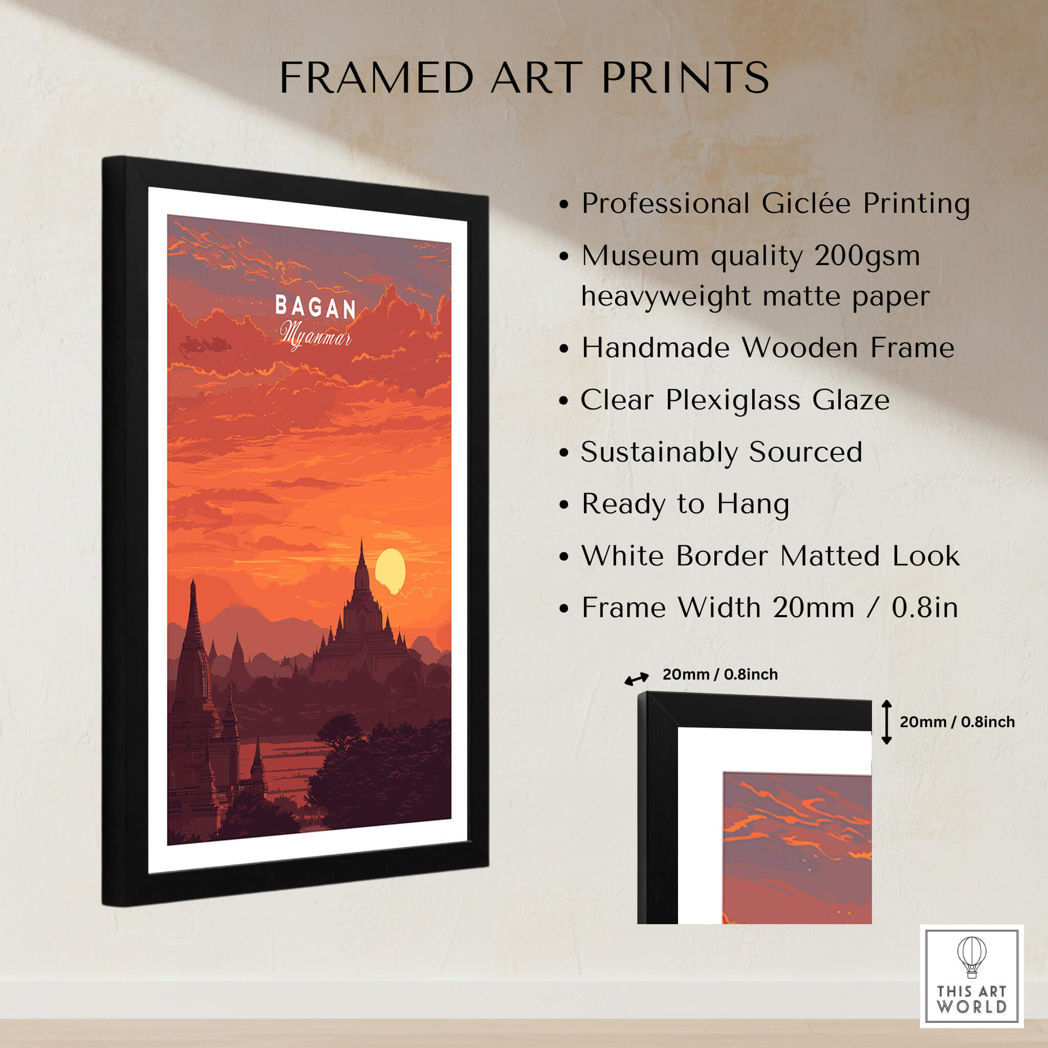 Bagan Travel Poster – Myanmar Ancient Temple Sunset Art framed print with sunset over ancient pagodas.