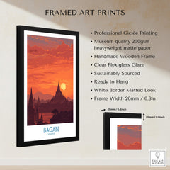 Bagan Myanmar Wall Art – Buddhist Pagoda Skyline Canvas Print framed art print showcasing golden pagodas and sunset.