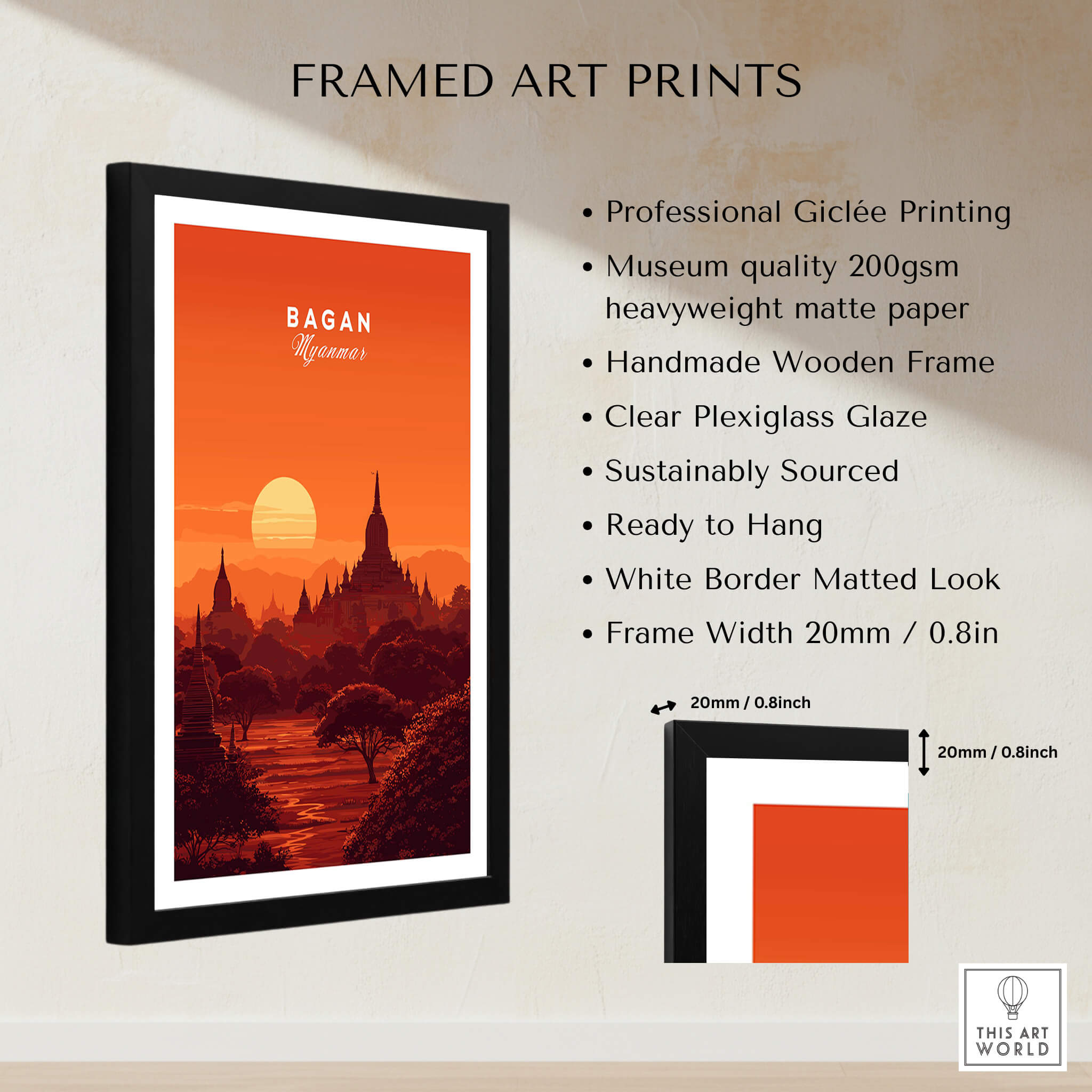 Bagan Travel Poster – Minimalist Temple Wall Art framed print showcasing elegant design and vibrant colors.