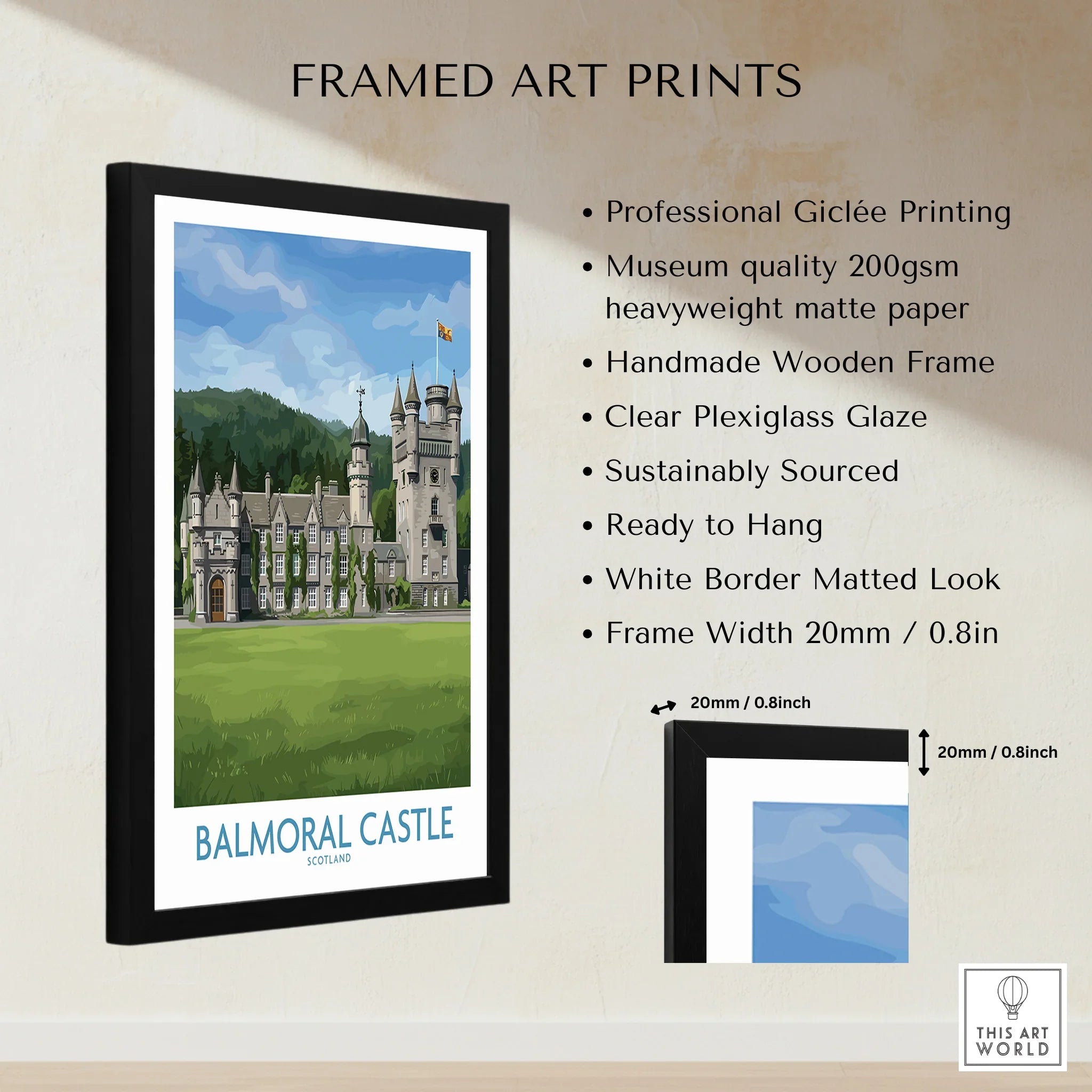 Framed Balmoral Castle art print with black wooden frame, matted border, and product details.