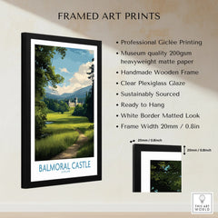 Framed art print of Balmoral Castle with measurements, wooden frame, and product details.