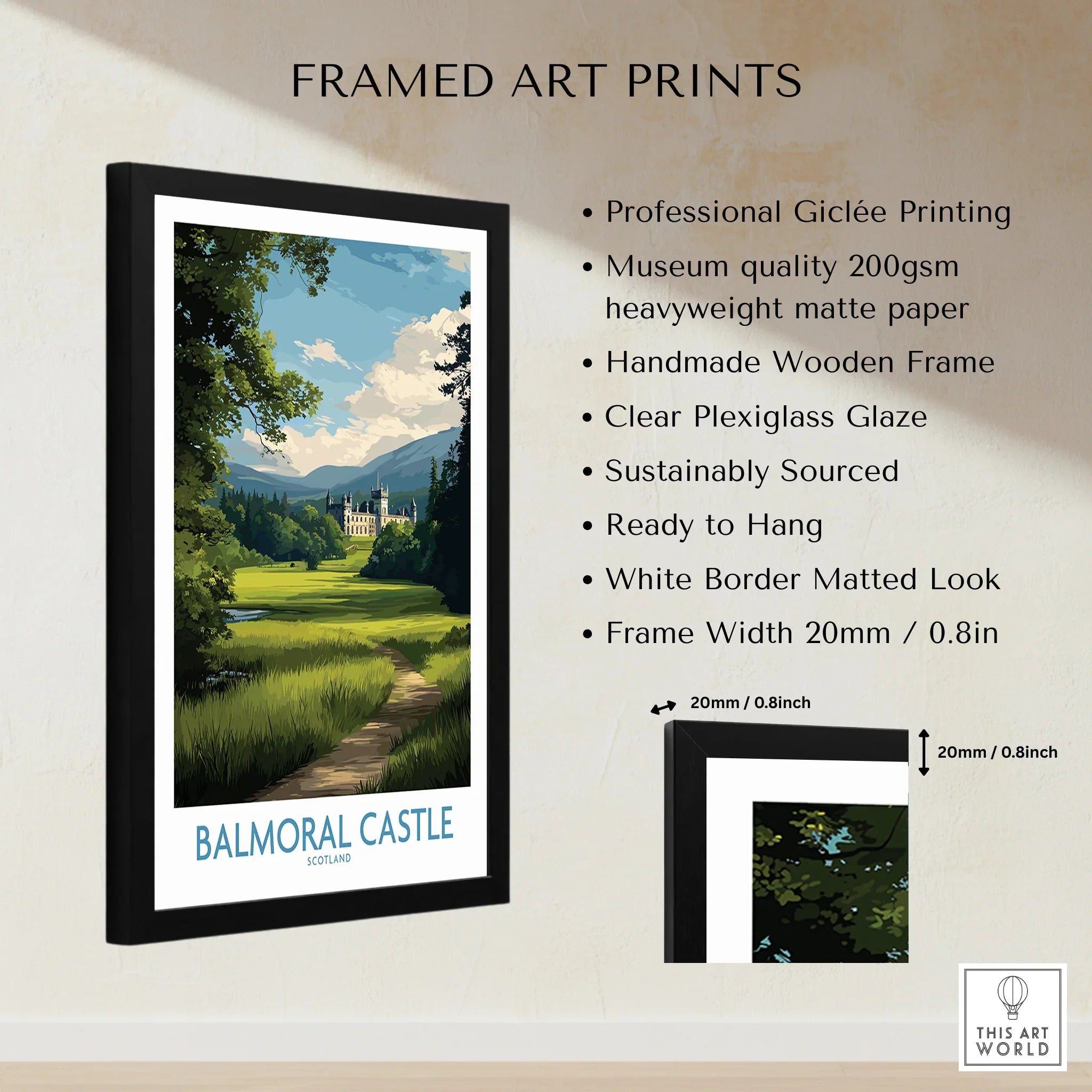 Framed art print of Balmoral Castle with measurements, wooden frame, and product details.