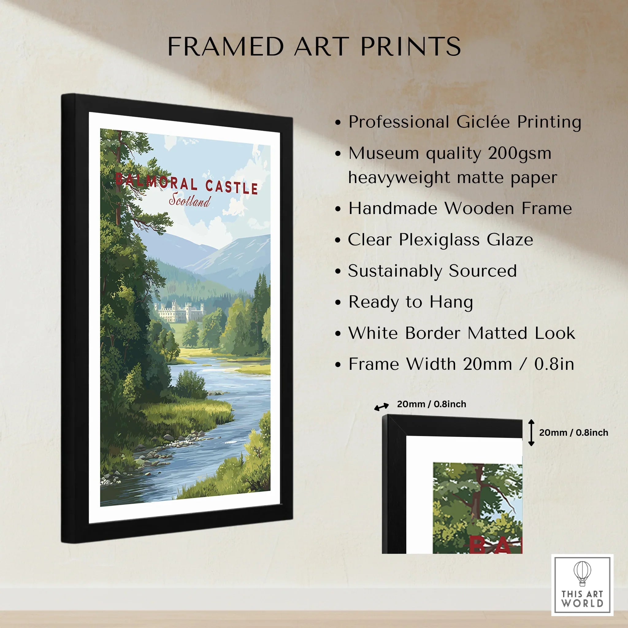 Framed Balmoral Castle Scotland art print with museum-quality matte paper and black frame