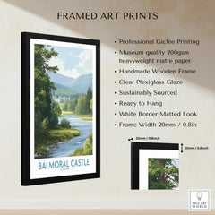 Framed Balmoral Castle art print with black wooden frame, white border, and product details.