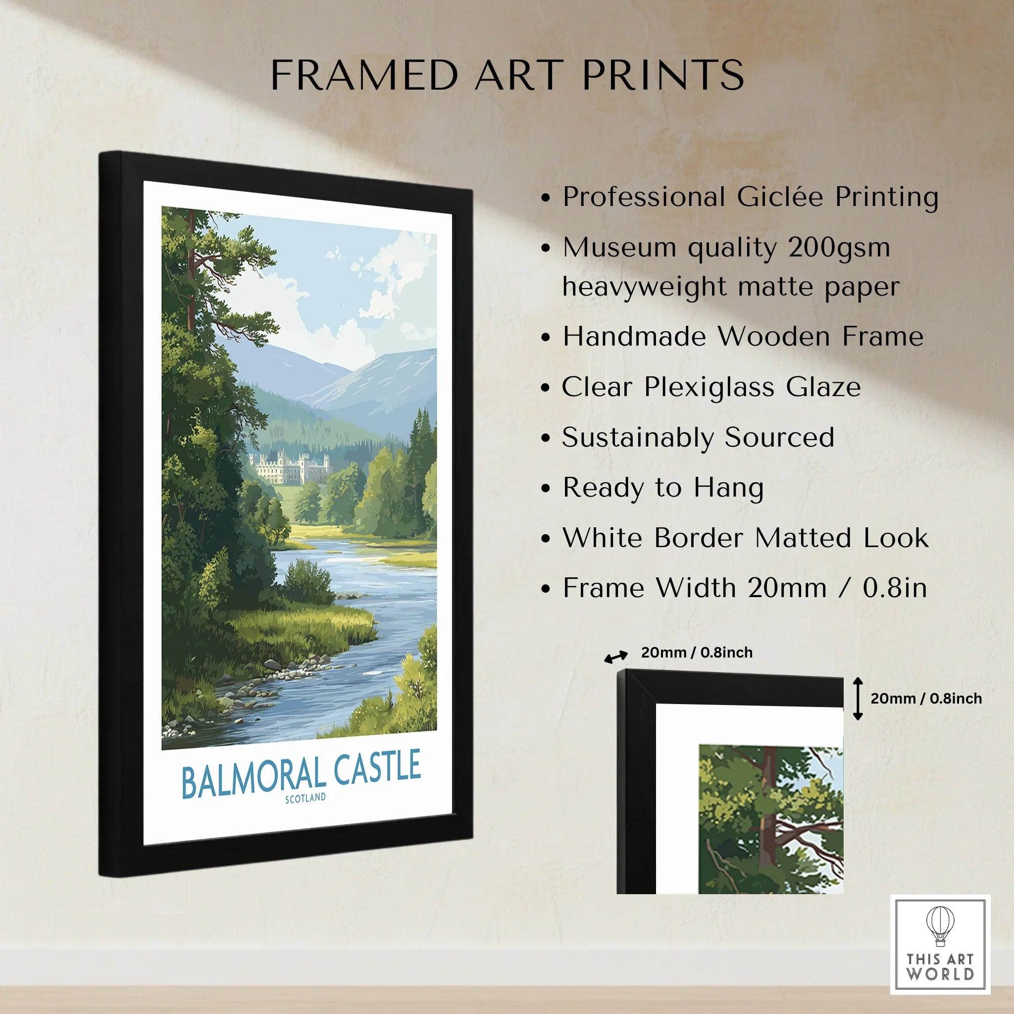 Framed Balmoral Castle art print with black wooden frame, white border, and product details.
