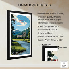 Framed Balmoral Castle Scotland travel poster with river view, shown with print and frame details.