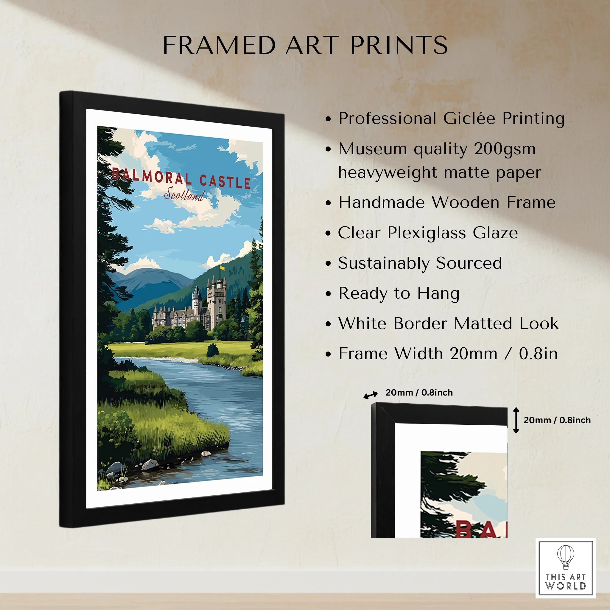 Framed Balmoral Castle Scotland travel poster with river view, shown with print and frame details.