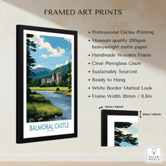 Framed Balmoral Castle art print with river, mountains, wooden frame, and product details.