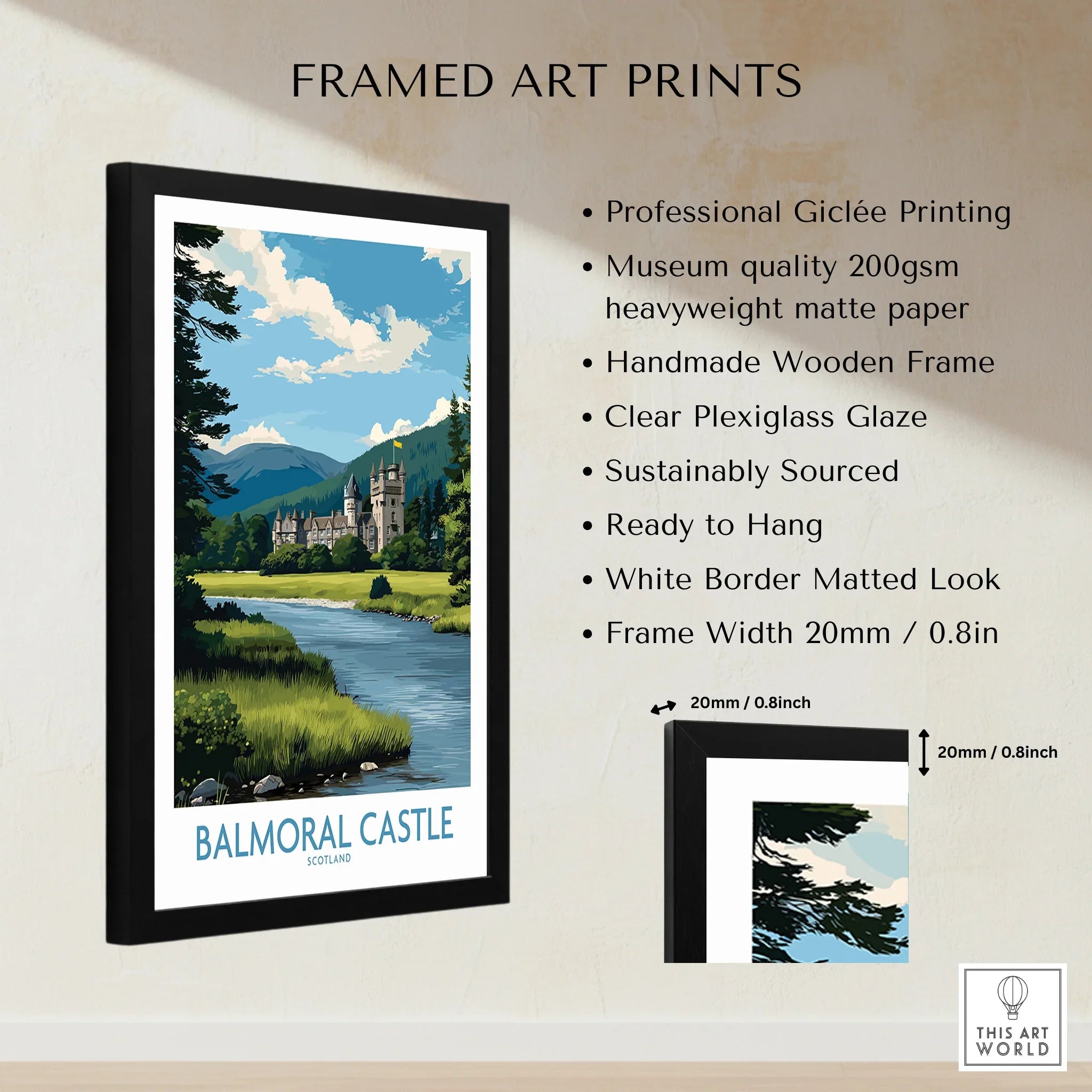Framed Balmoral Castle art print with river, mountains, wooden frame, and product details.