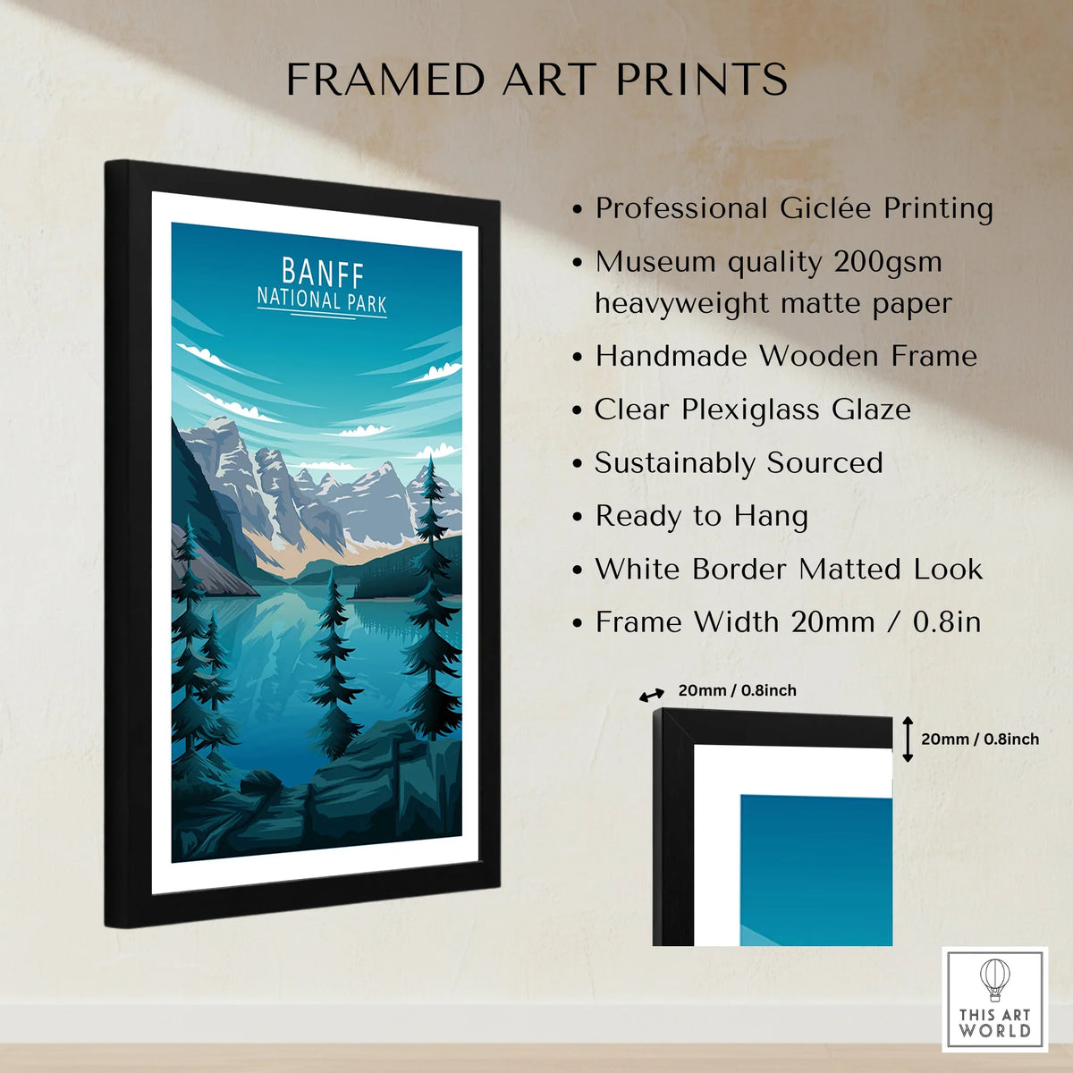 Framed Banff National Park art print with mountain lake illustration and product details