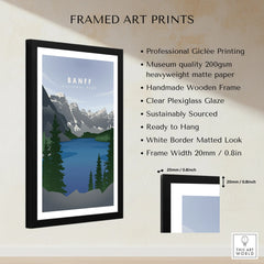 Framed Banff National Park print with mountain lake scene, black frame, art print features listed.