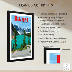 Framed Banff National Park art print with lake, mountains, and pine trees, wall decor details shown