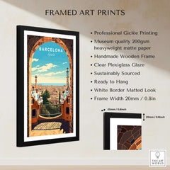 Barcelona Poster - Park Güell framed art print showcasing vibrant colors and intricate details of Gaudí's masterpiece.