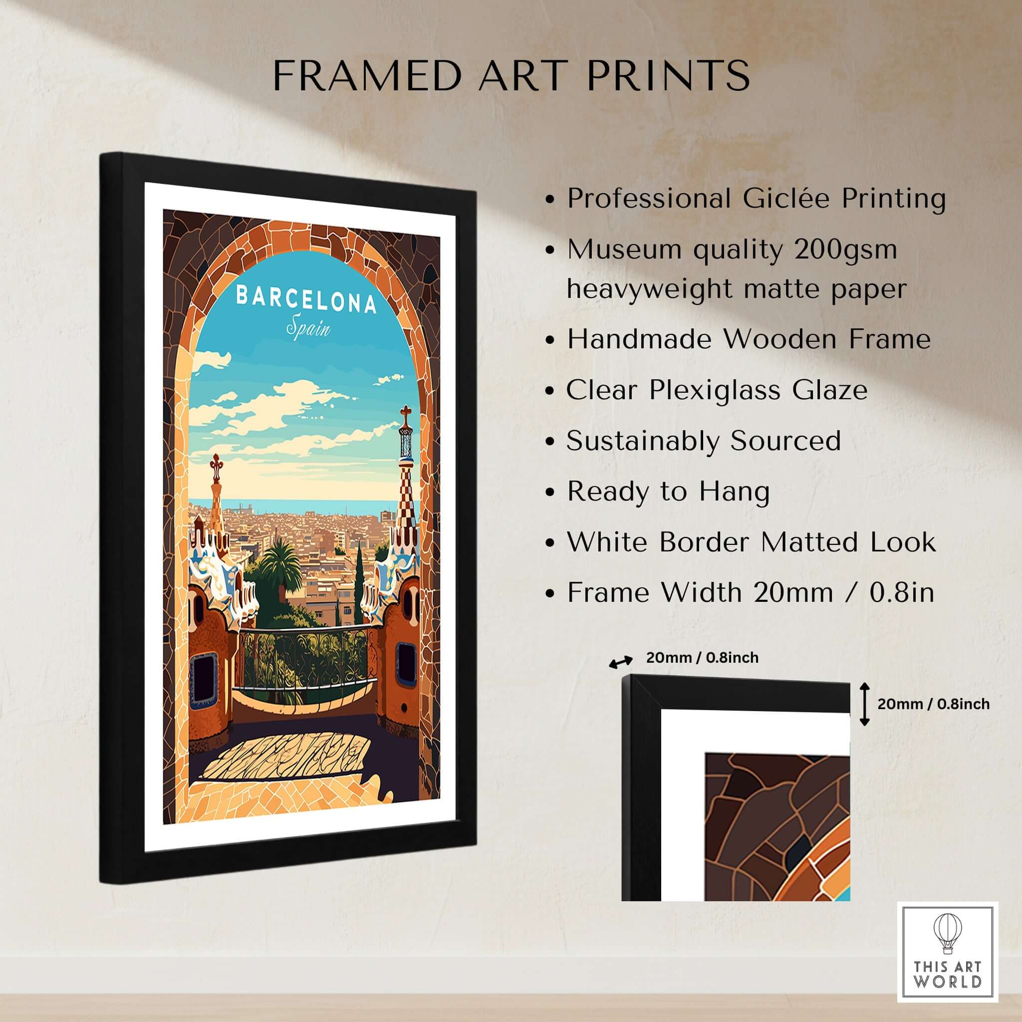 Barcelona Poster - Park Güell framed art print showcasing vibrant colors and intricate details of Gaudí's masterpiece.