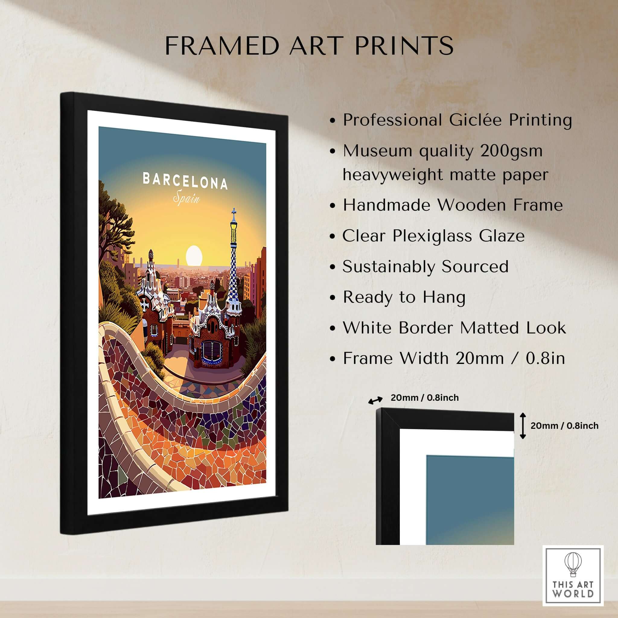 Barcelona Travel Poster Print featuring vibrant architecture and colors, framed for easy display.