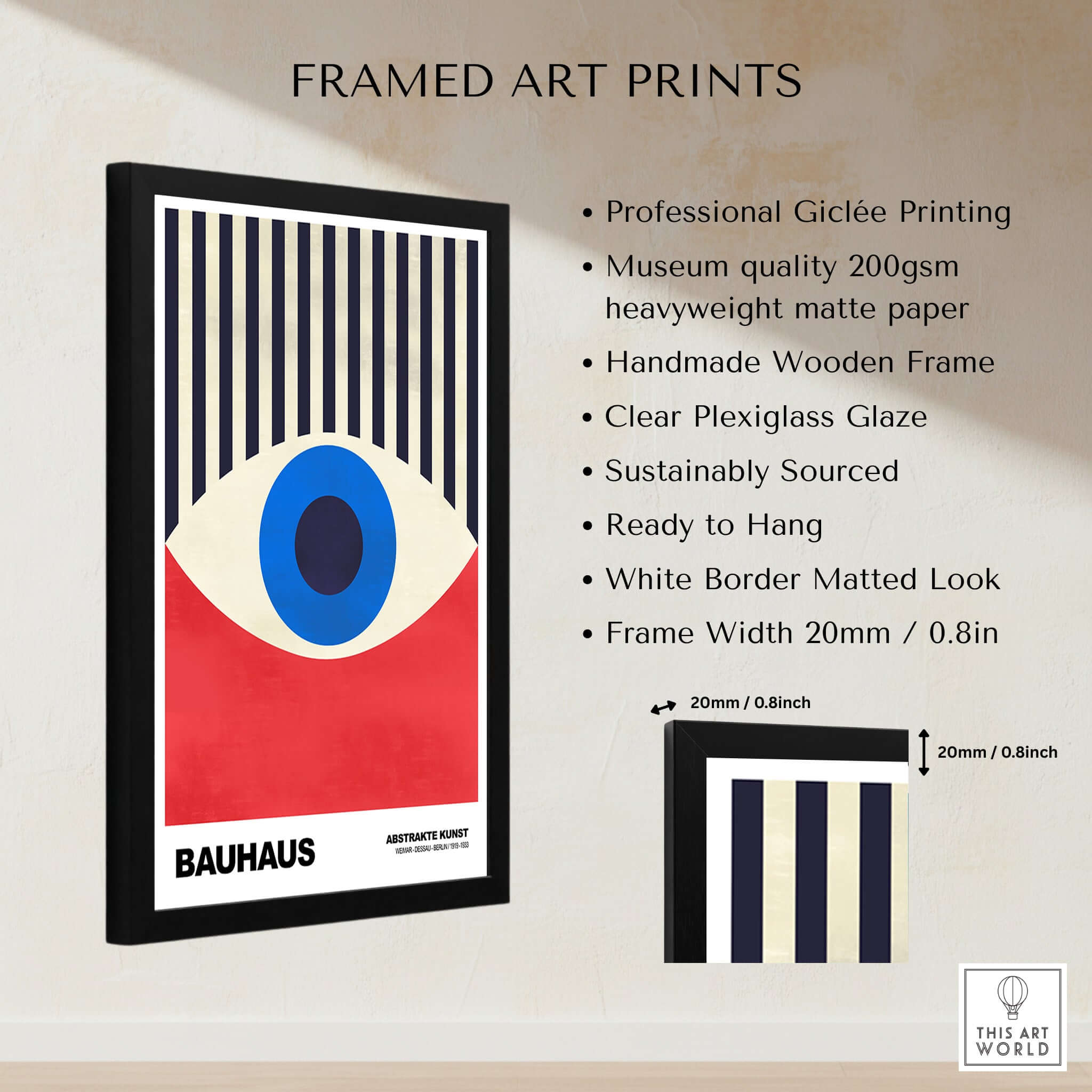 Bauhaus Exhibition Prints - Abstract Eye Art Print Geometric Red Blue Design framed with professional details and specifications.