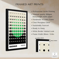 Bauhaus Exhibition Prints - Abstract Circle Pattern Art Print Green Black Dot Gradient framed with specifications.