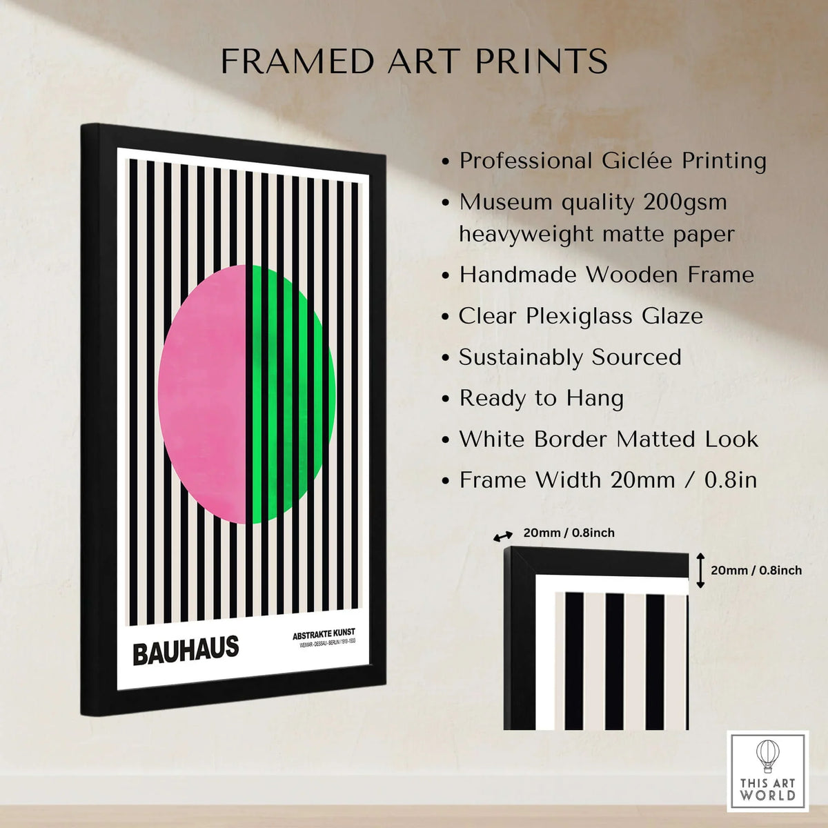 Bauhaus Exhibition Prints - Split Circle Abstract Art Print Pink Green Stripes in a framed display with black stripes.