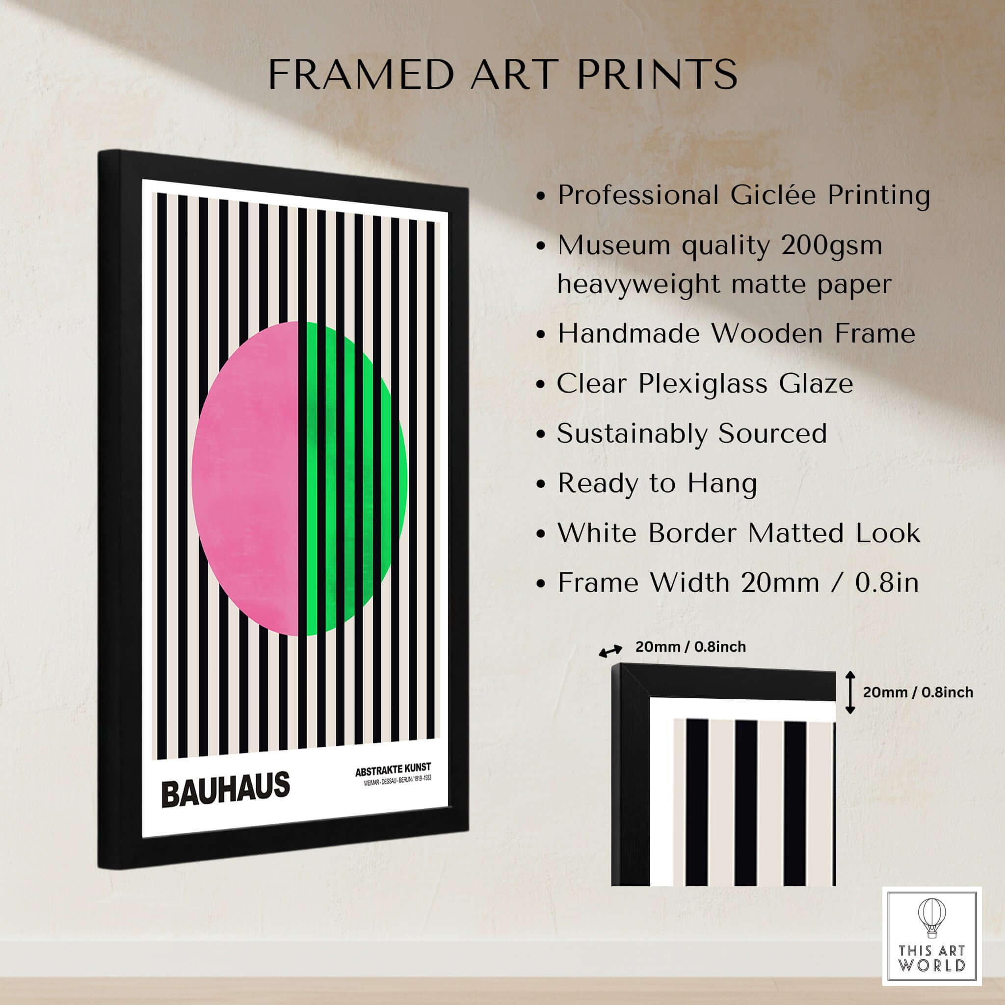 Bauhaus Exhibition Prints - Split Circle Abstract Art Print Pink Green Stripes in a framed display with black stripes.