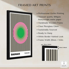 Bauhaus Exhibition Prints - Concentric Circles Poster Pink Green Striped Art in a black framed display.