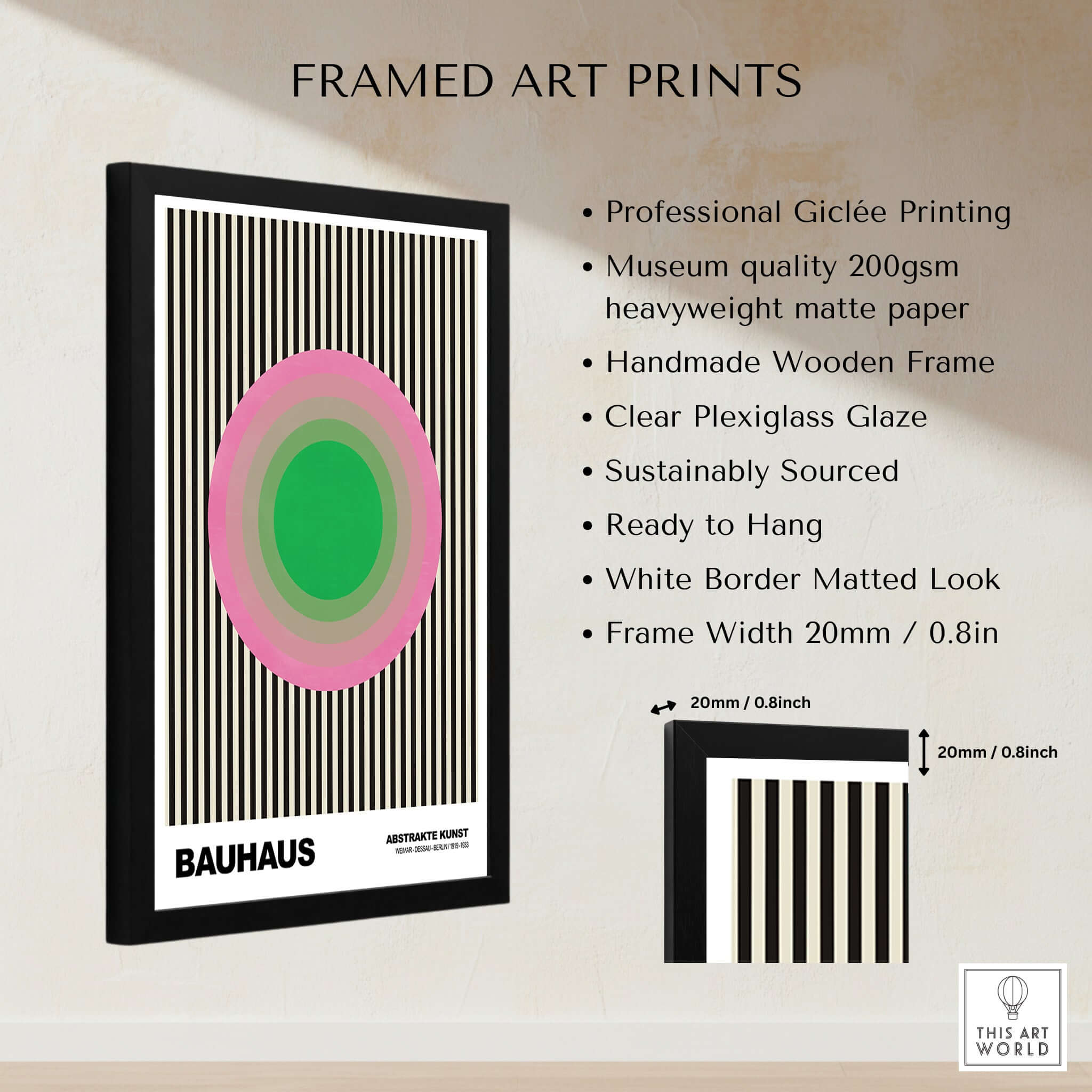 Bauhaus Exhibition Prints - Concentric Circles Poster Pink Green Striped Art in a black framed display.