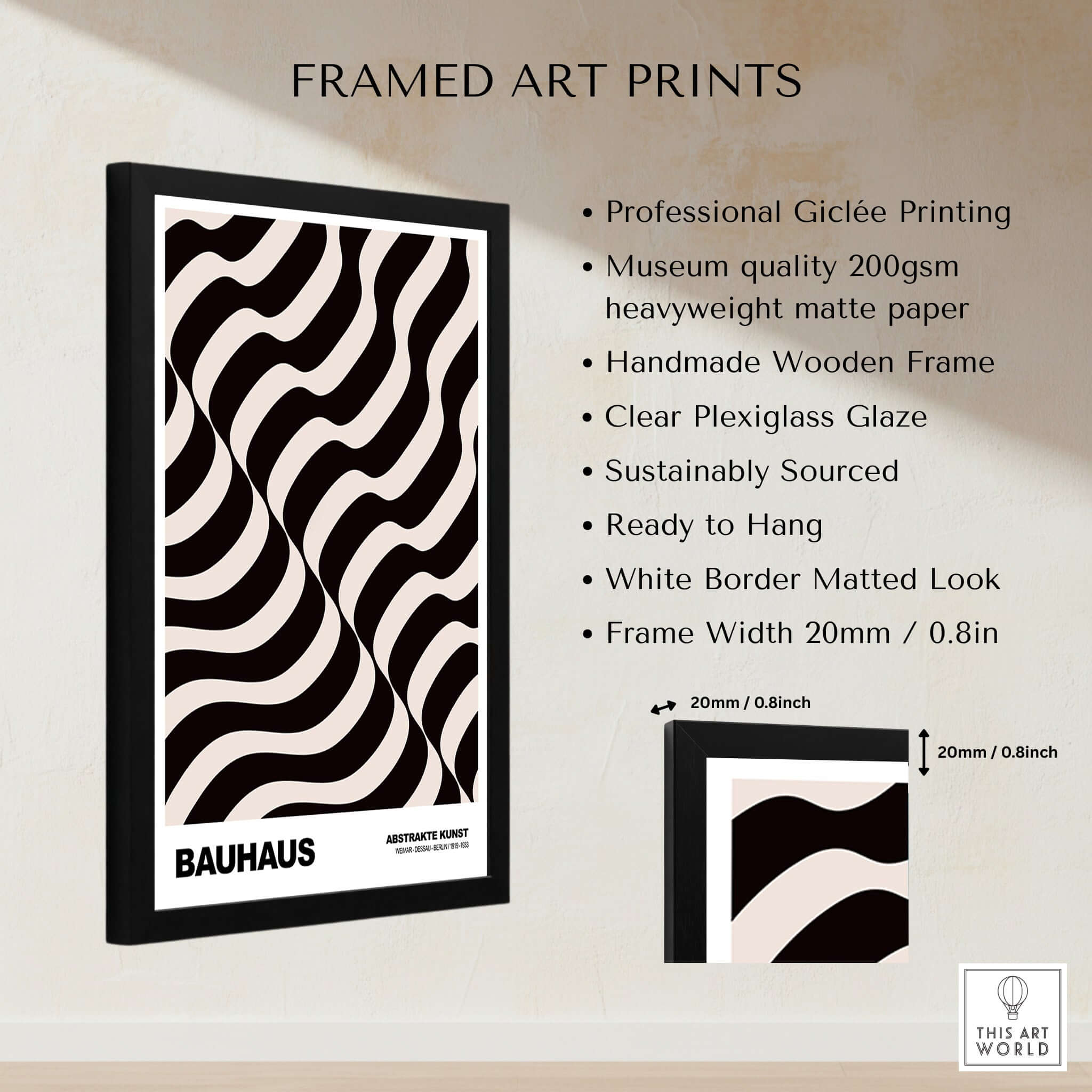 Bauhaus Exhibition Prints - Thick Undulating Waves Poster Black Cream Abstract Art in a sleek frame with modern design features.