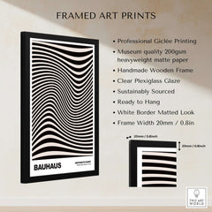 Bauhaus Exhibition Prints -  Optical Wave Lines Art Print Black Cream Abstract, framed art with optical wave design.