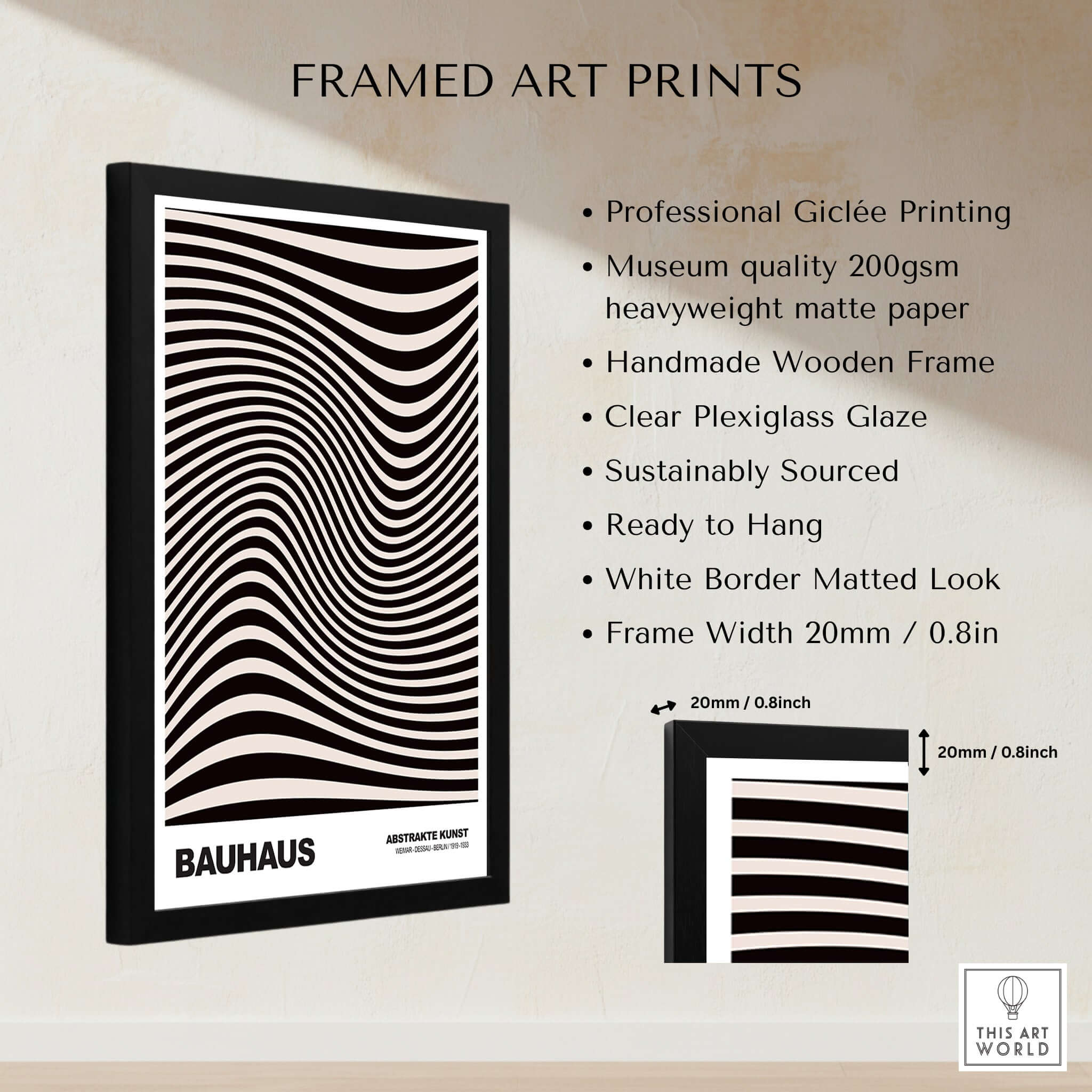 Bauhaus Exhibition Prints -  Optical Wave Lines Art Print Black Cream Abstract, framed art with optical wave design.