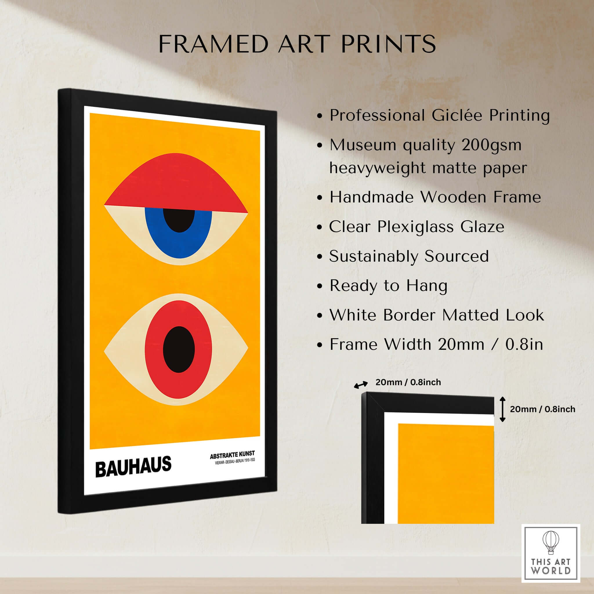 Bauhaus Exhibition Prints - Abstract Eyes Poster Geometric Orange Red Blue Art in a framed display with specifications.