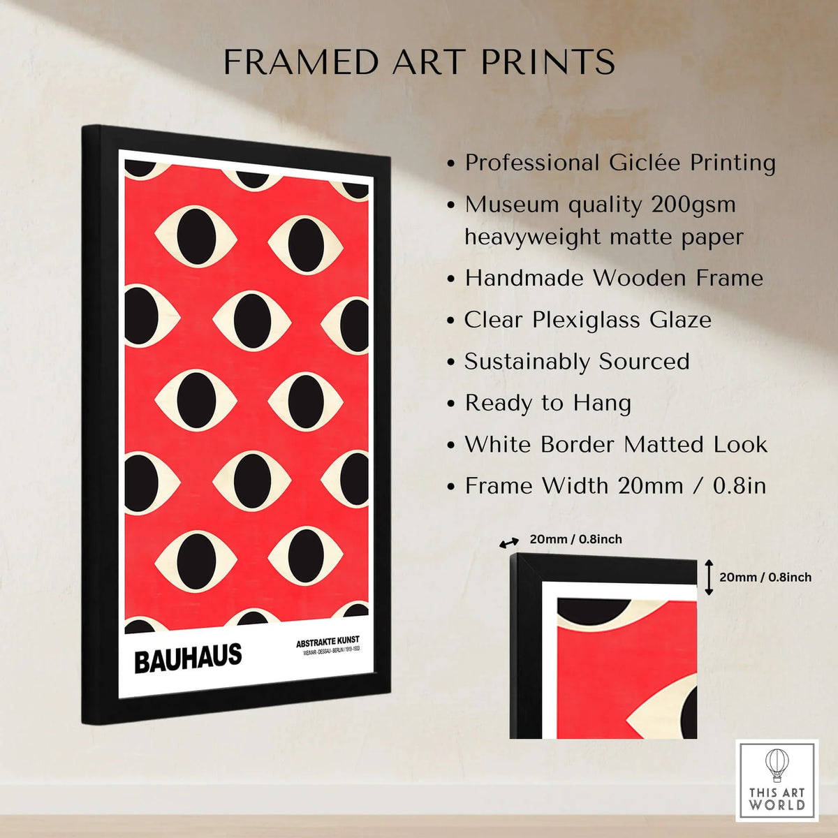Bauhaus Exhibition Prints - Repeating Eyes Pattern Poster Red Black Cream Art with framed specifications and features.