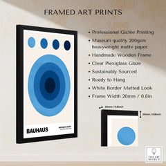 Bauhaus Exhibition Prints - Abstract Blue Circles Poster Geometric Design in a framed display with description details.