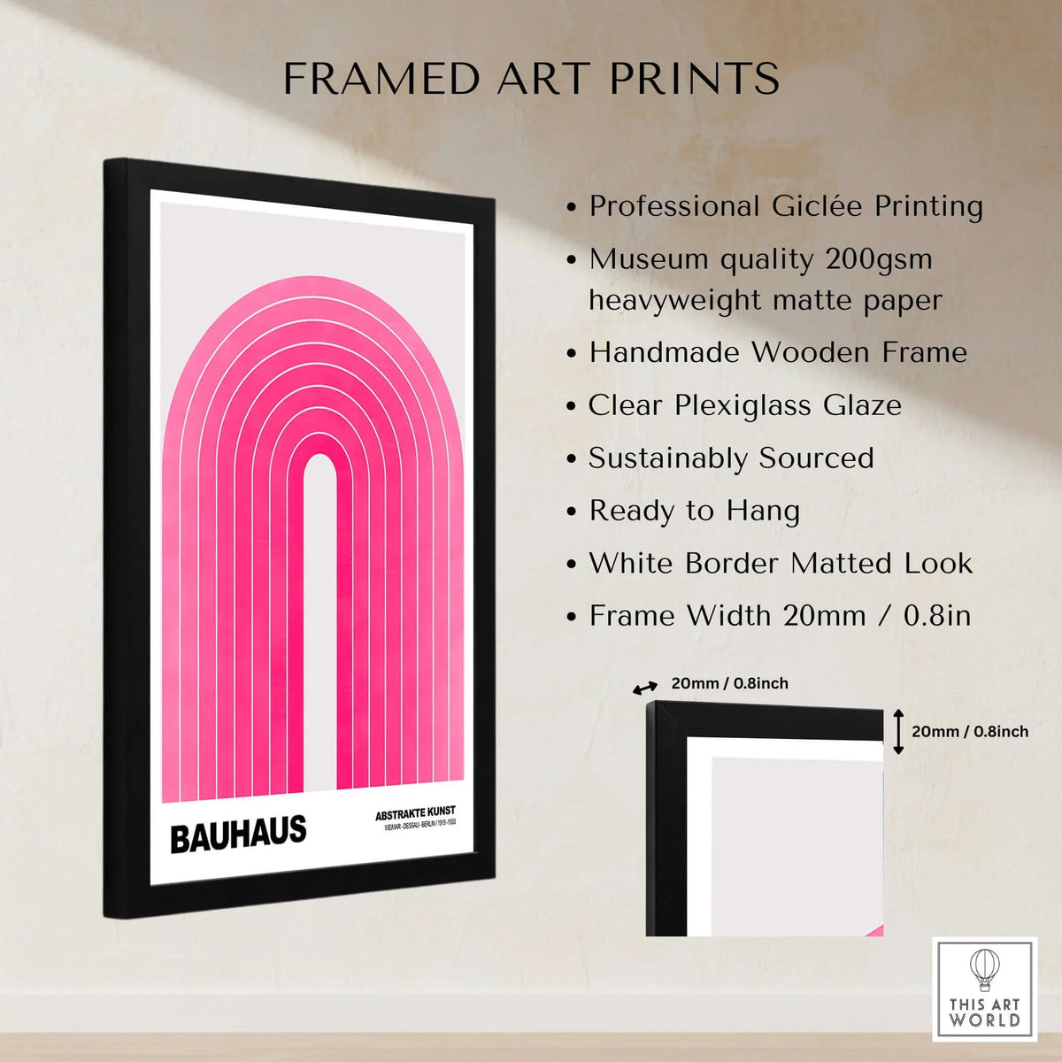 Bauhaus Exhibition Prints - Concentric Pink Arch Poster Minimalist Geometric Art displayed in a black wooden frame.