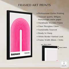 Bauhaus Exhibition Prints - Concentric Pink Arch Poster Minimalist Geometric Art displayed in a black wooden frame.