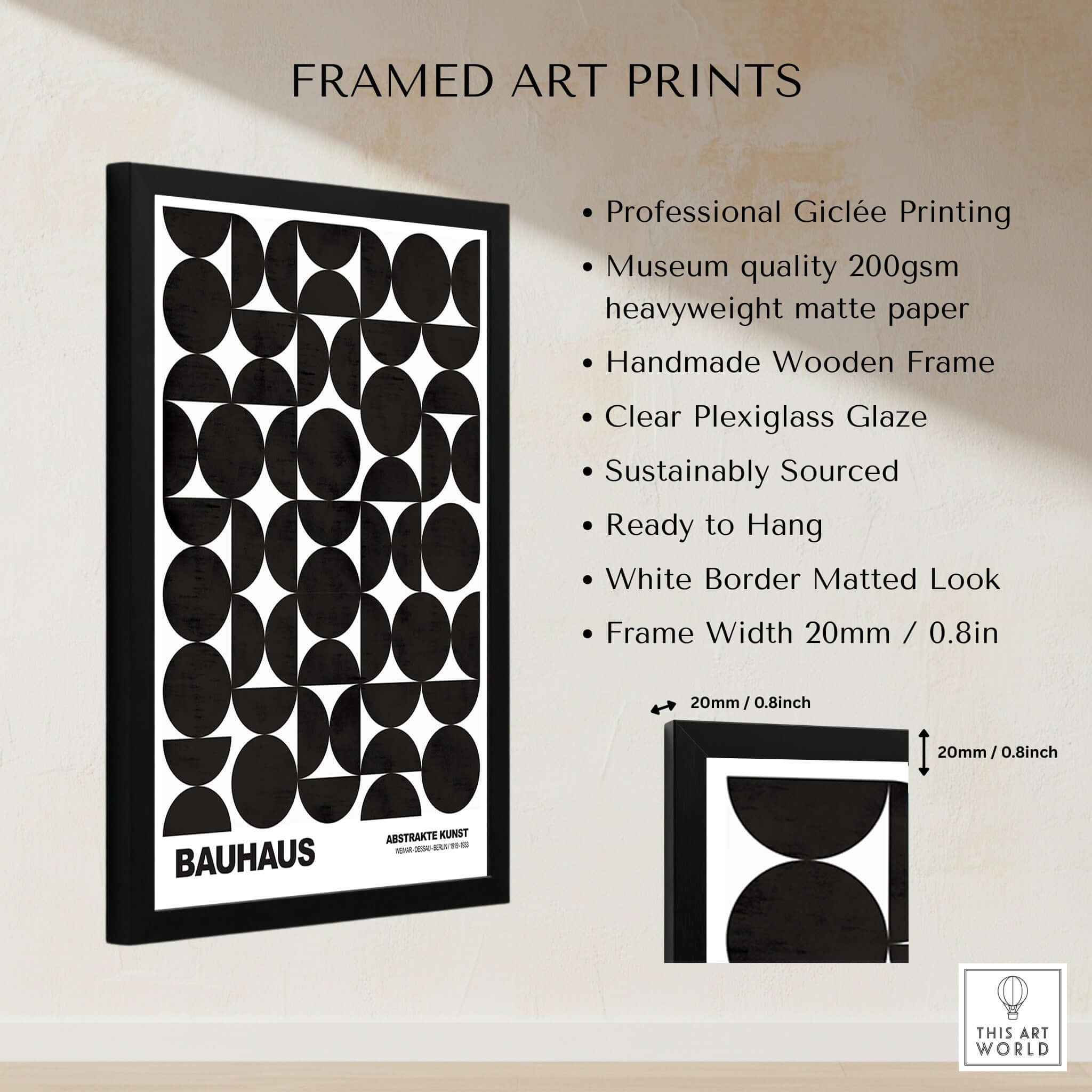 Bauhaus Exhibition Prints - Geometric Circle Shapes Art Print Black White Pattern framed art with professional Giclée printing.