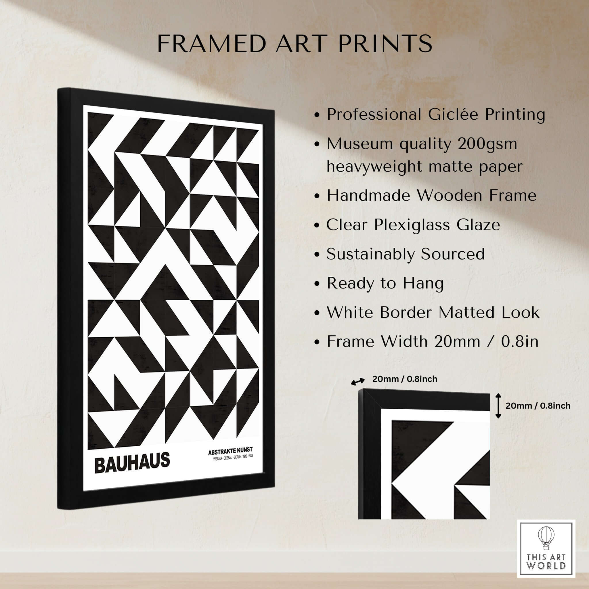 Bauhaus Exhibition Prints - Geometric Triangle Pattern Poster Black White Abstract framed art print showcasing a modern design.