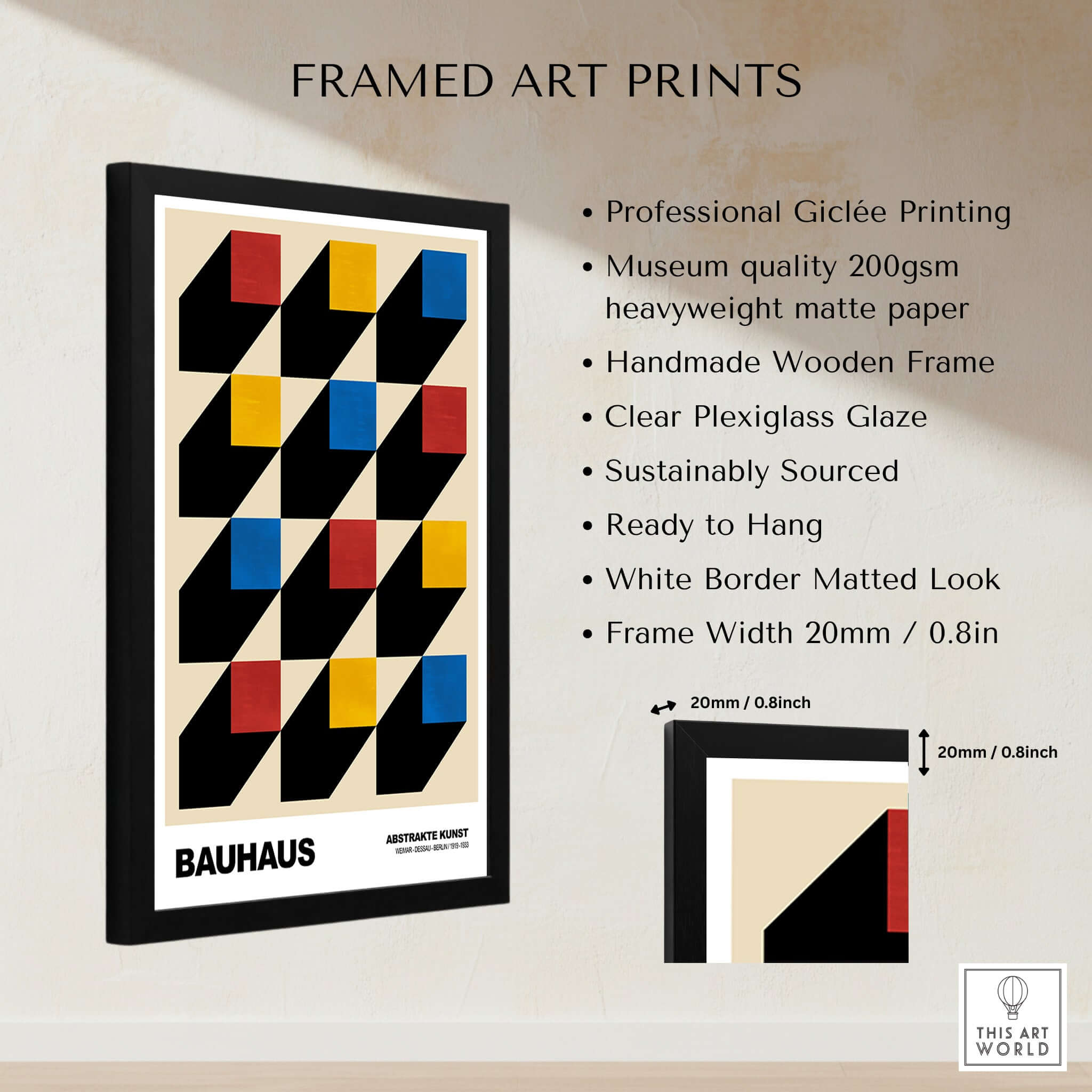 Bauhaus Exhibition Prints - Isometric Cubes Art Print Red Yellow Blue Design framed art with professional giclée printing.
