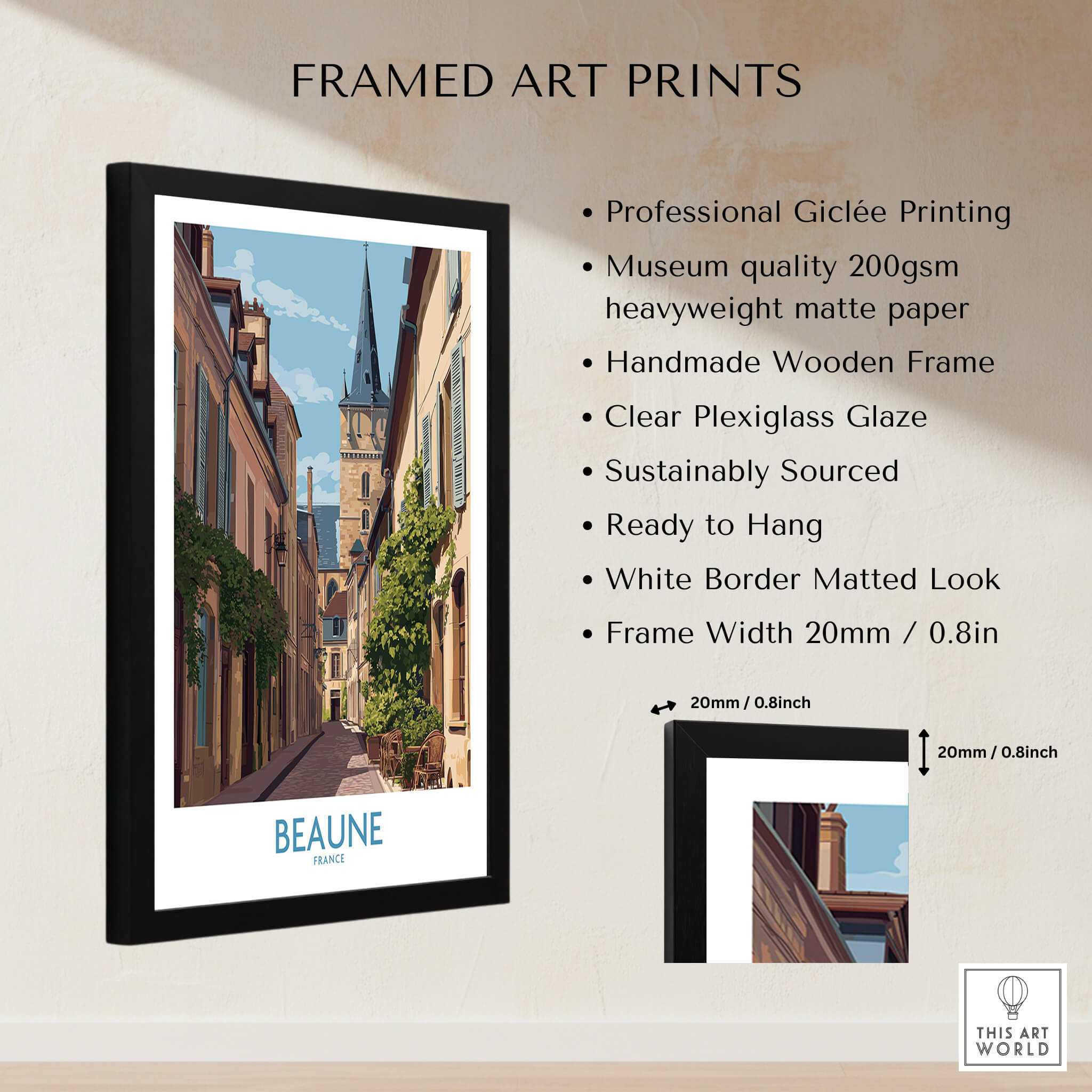 Beaune France Wall Art – Village Print showcasing framed Giclée art with a beautiful village scene.