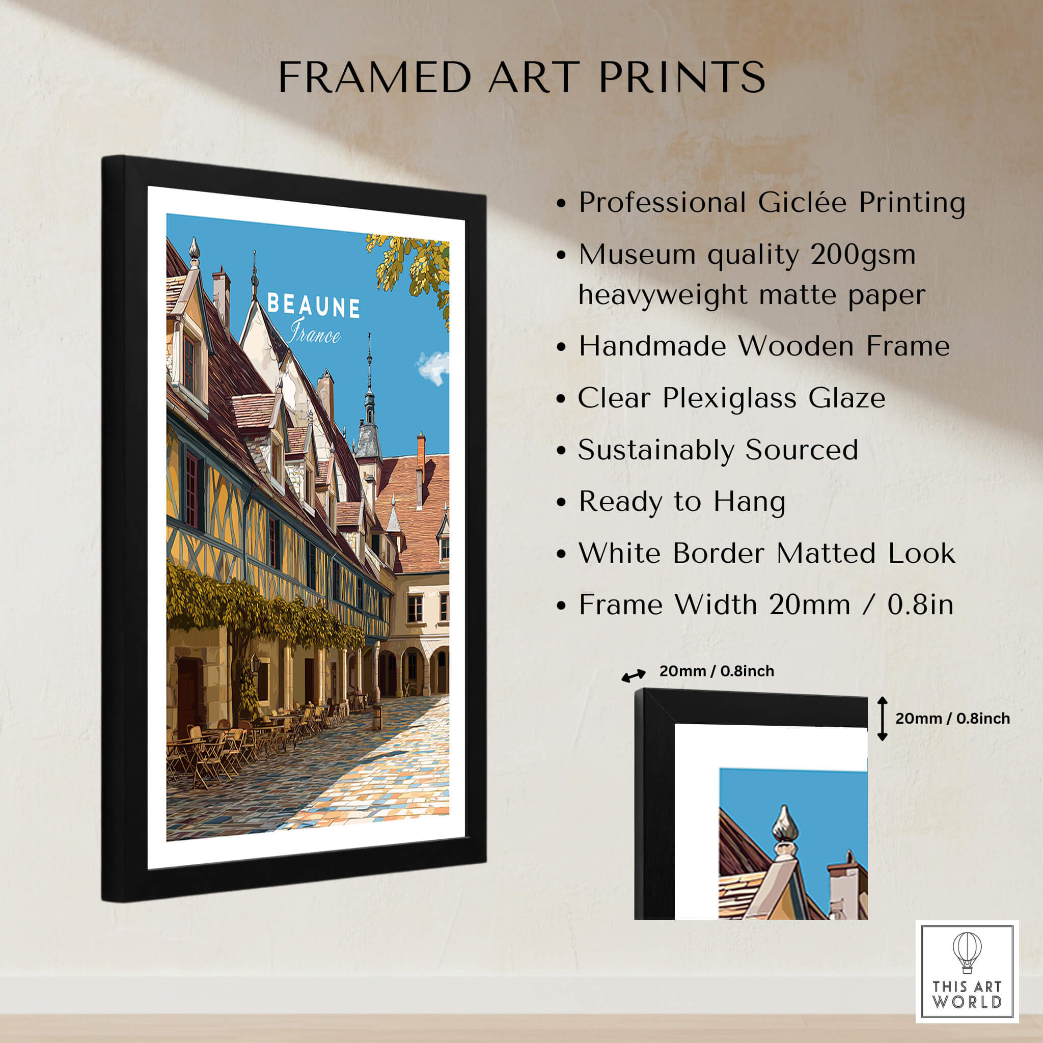 Beaune Travel Poster – Hospices de Beaune Architecture and Courtyard Art displayed in a black wooden frame with a white mat.