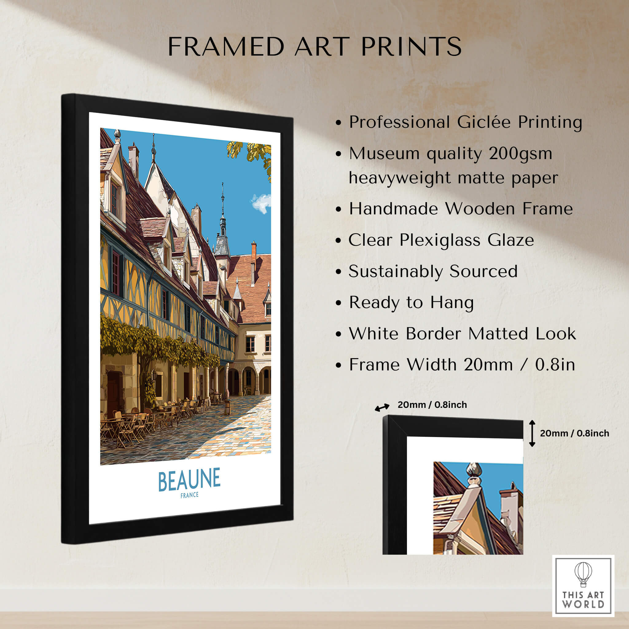 Beaune France Print – Hospices de Beaune Wall Art displayed in a stylish black frame with clear plexiglass.