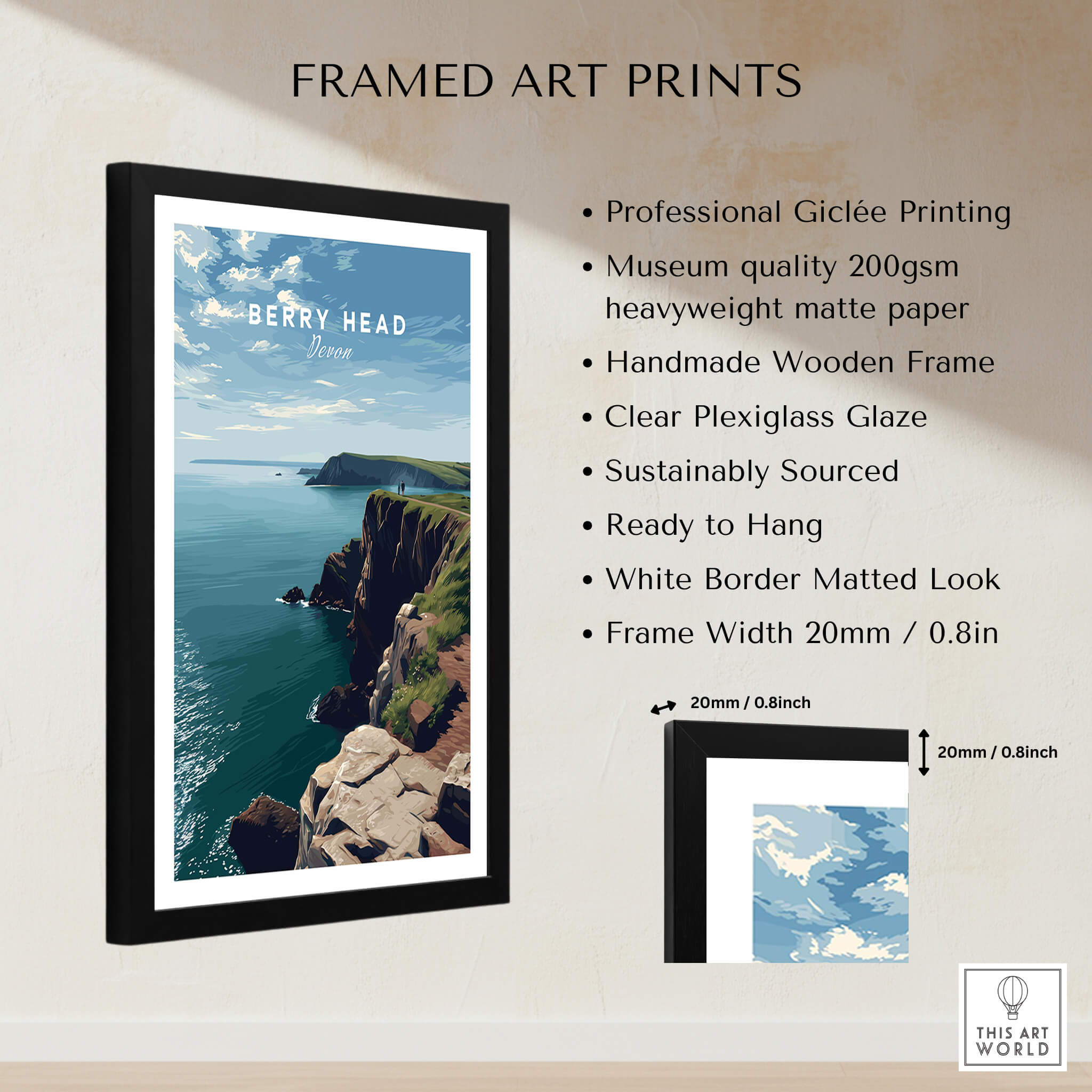Berry Head Travel Poster – Devon Coastal Cliffs and Ocean View Print framed art print showcasing Devon's coastline.