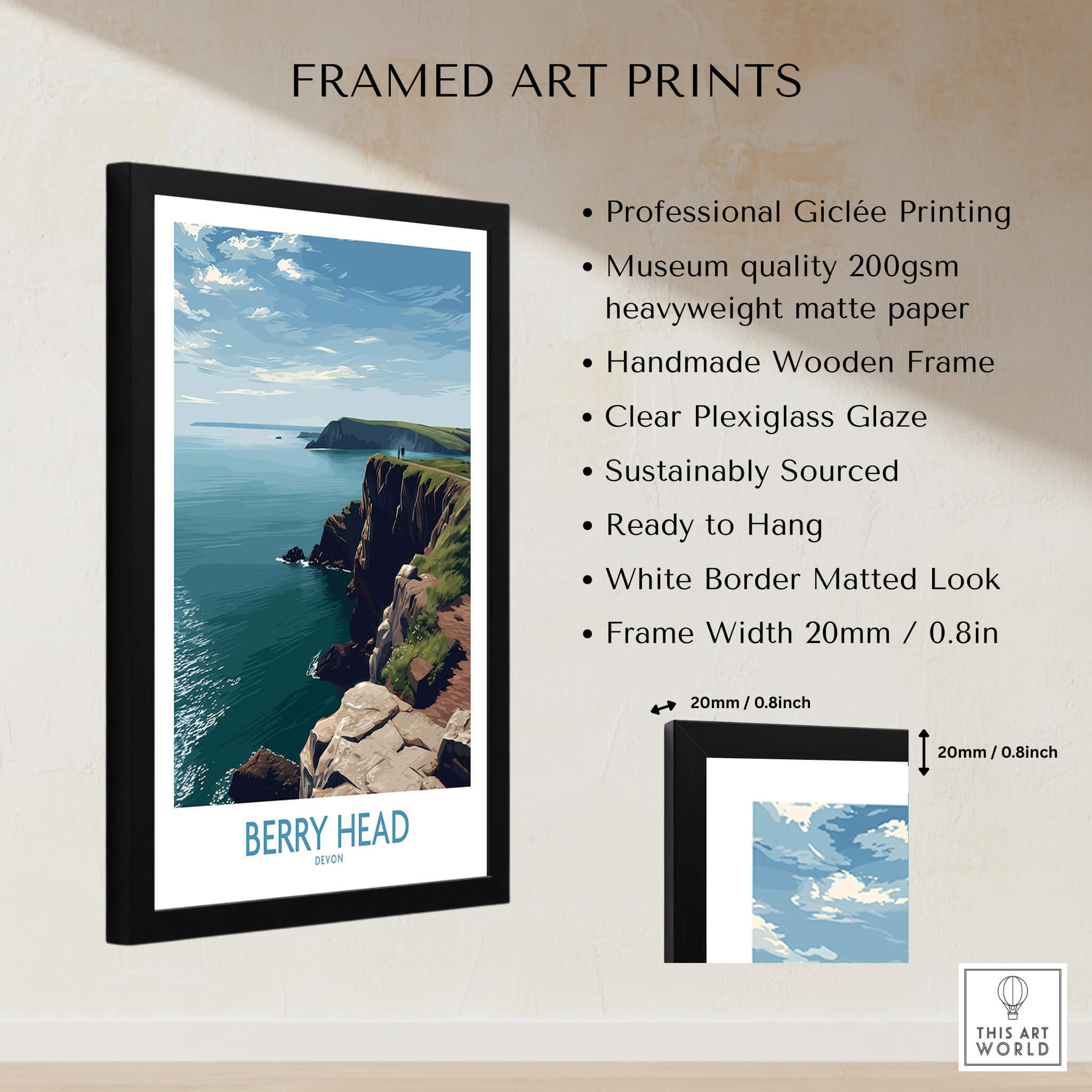Berry Head Devon Wall Art – English Coast Print framed with clear plexiglass, showcasing Devon's coastal landscape.