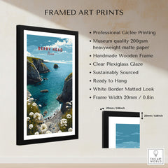 Berry Head Travel Poster – South Devon Coastline and Wildflower Art framed print showcasing coastal cliffs and wildflowers.