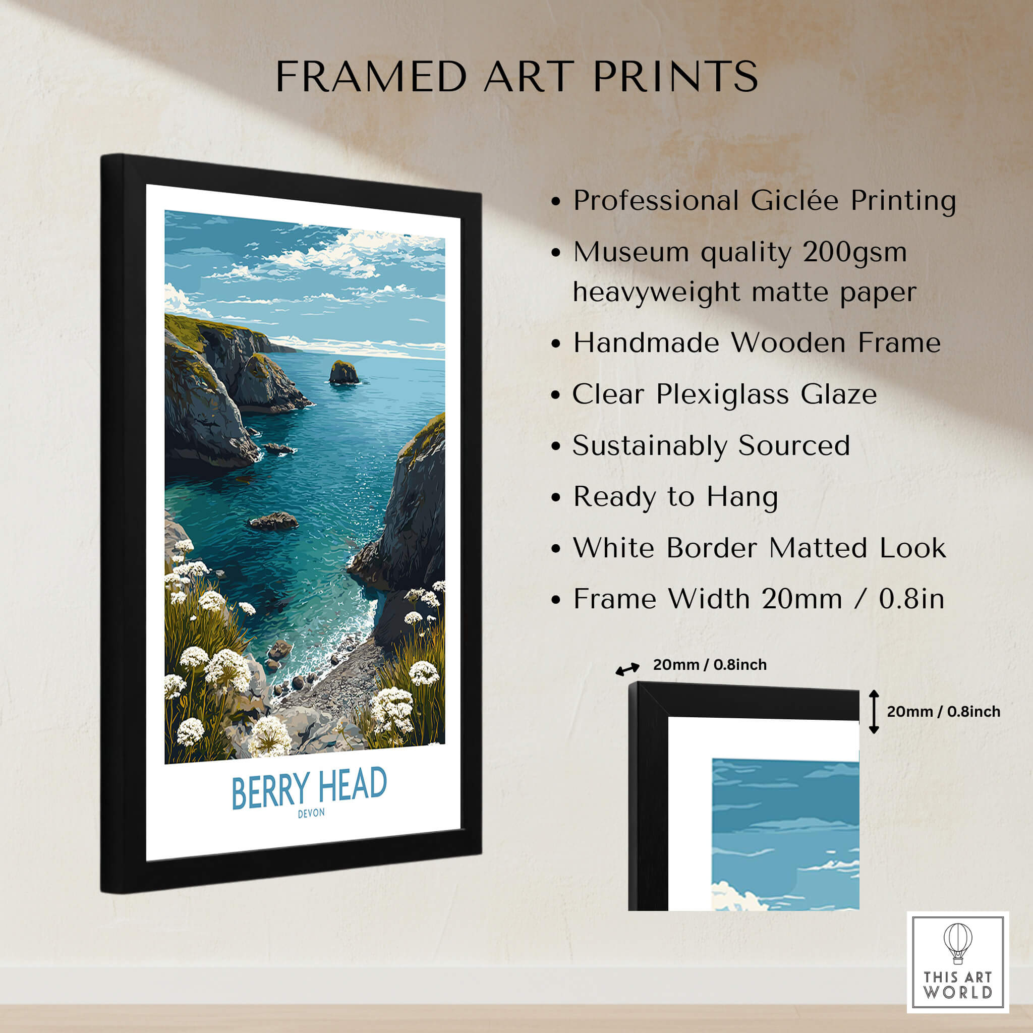 Berry Head Devon Print – Rocky Cliffs and Turquoise Sea Wall Decor framed art with professional Giclée printing.