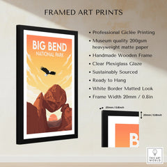 Framed Big Bend National Park art print with eagle, orange rock formations, and sunset.