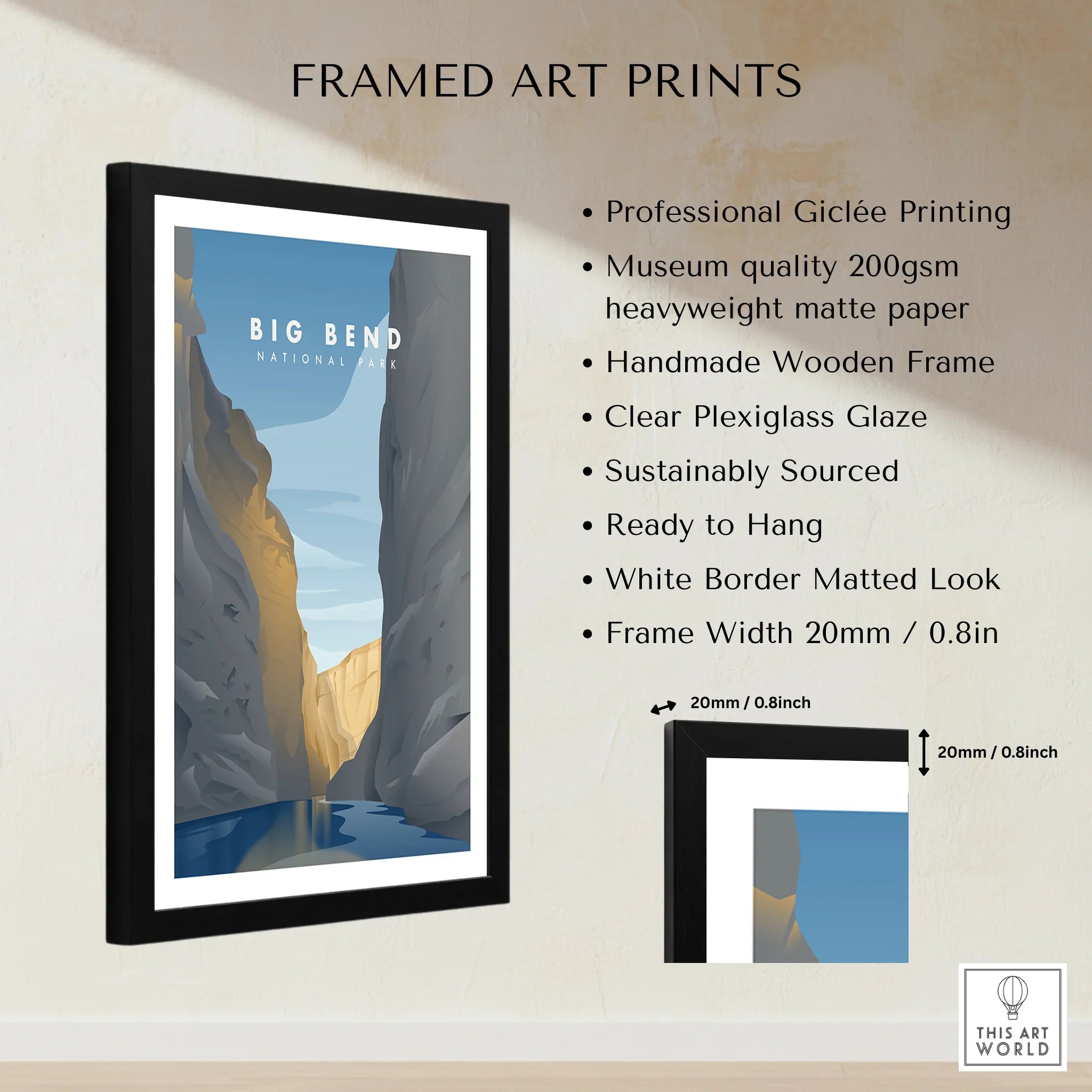 Framed Big Bend National Park art print with canyon illustration and product quality details