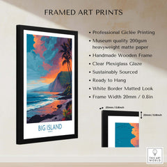 Big Island Hawaii Sunset Beach Art Print | Tropical Palm Tree Poster displayed in a black frame on a textured wall.