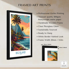 Big Island Hawaii Tropical Beach Art Print | Lush Green Coast Poster in a black wooden frame with matting