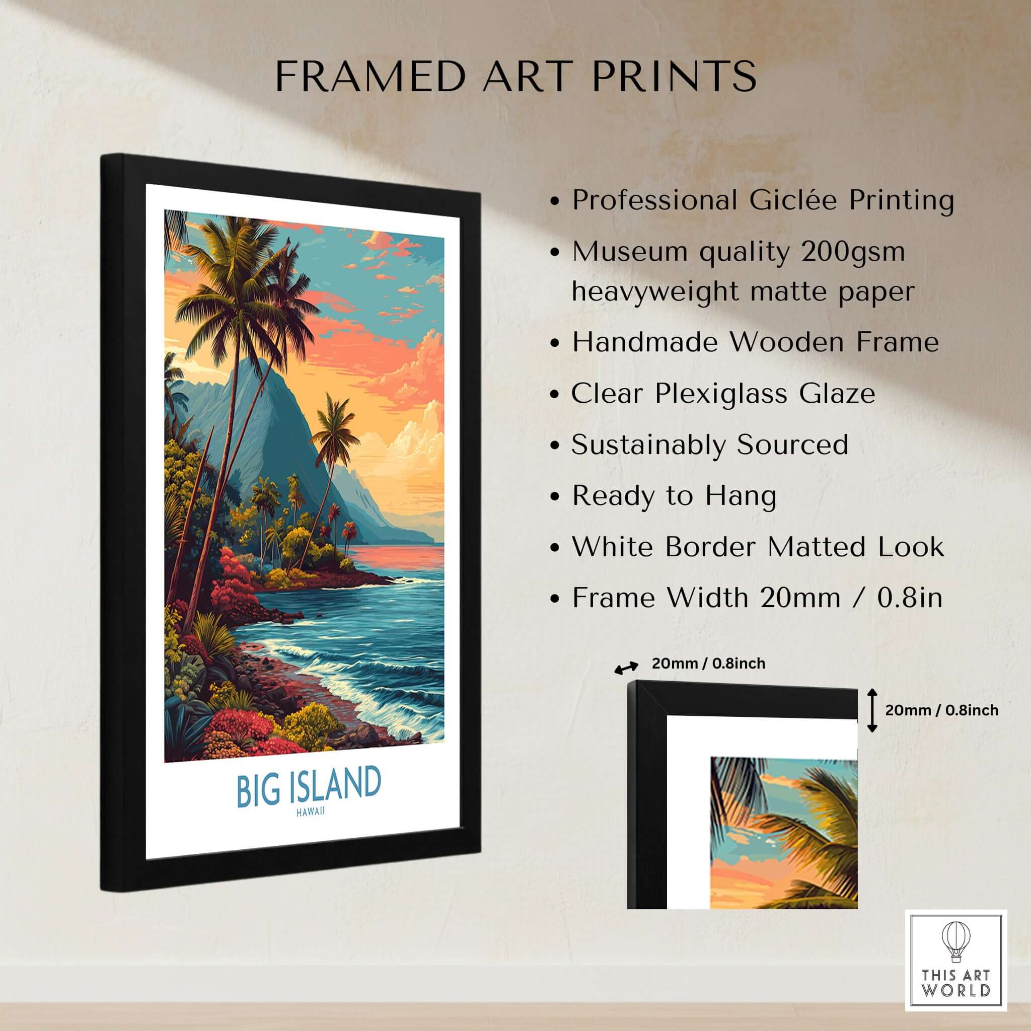 Big Island Hawaii Tropical Beach Art Print | Lush Green Coast Poster in a black wooden frame with matting