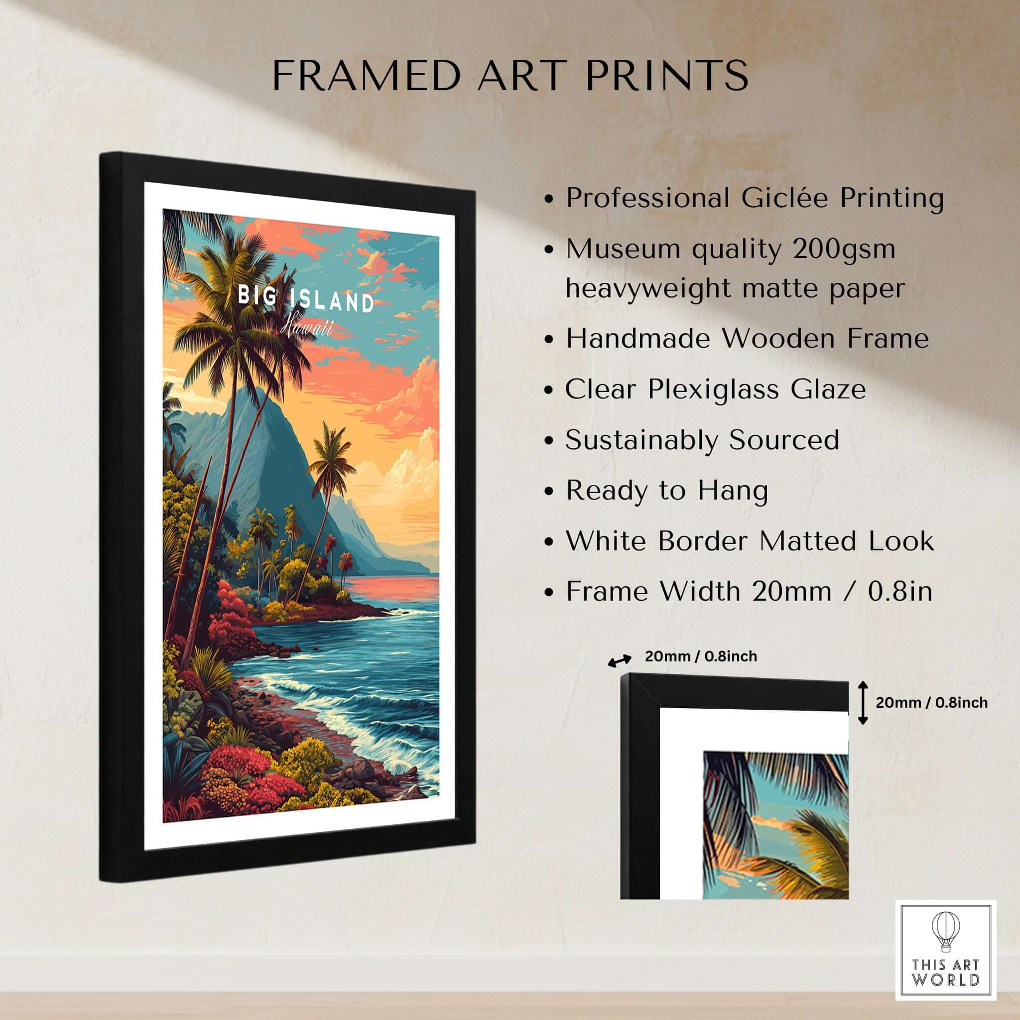 Big Island Hawaii Kona Coast Canvas Art Print | Vibrant Hawaiian Wall Art displayed in a handmade wooden frame.