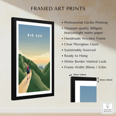 Framed Big Sur travel poster print with hiker, green mountains, and bridge, art print details
